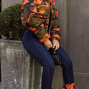 Orange Camouflage Cropped Bubble Coat